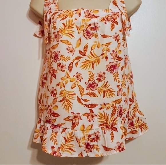 Hippie Rose Floral Tie Strap Smocked Top Ivory Orange Medium - Picture 4 of 12